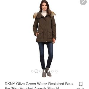 DKNY Army Green Faux Fur Trim Anorak
